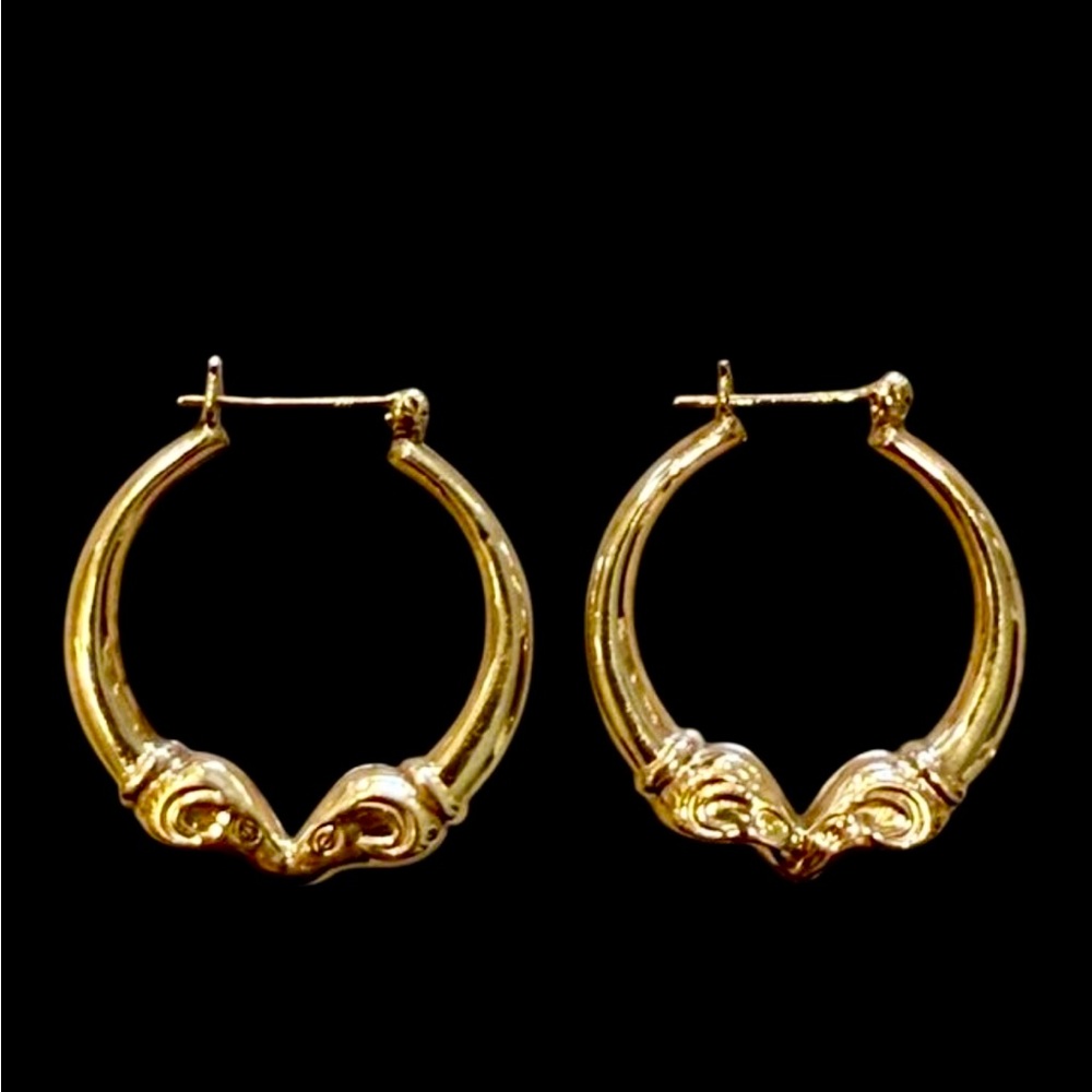 Vintage 14k Yellow Gold Double Rams Head Puffy Hoop Earrings 2.3 Grams